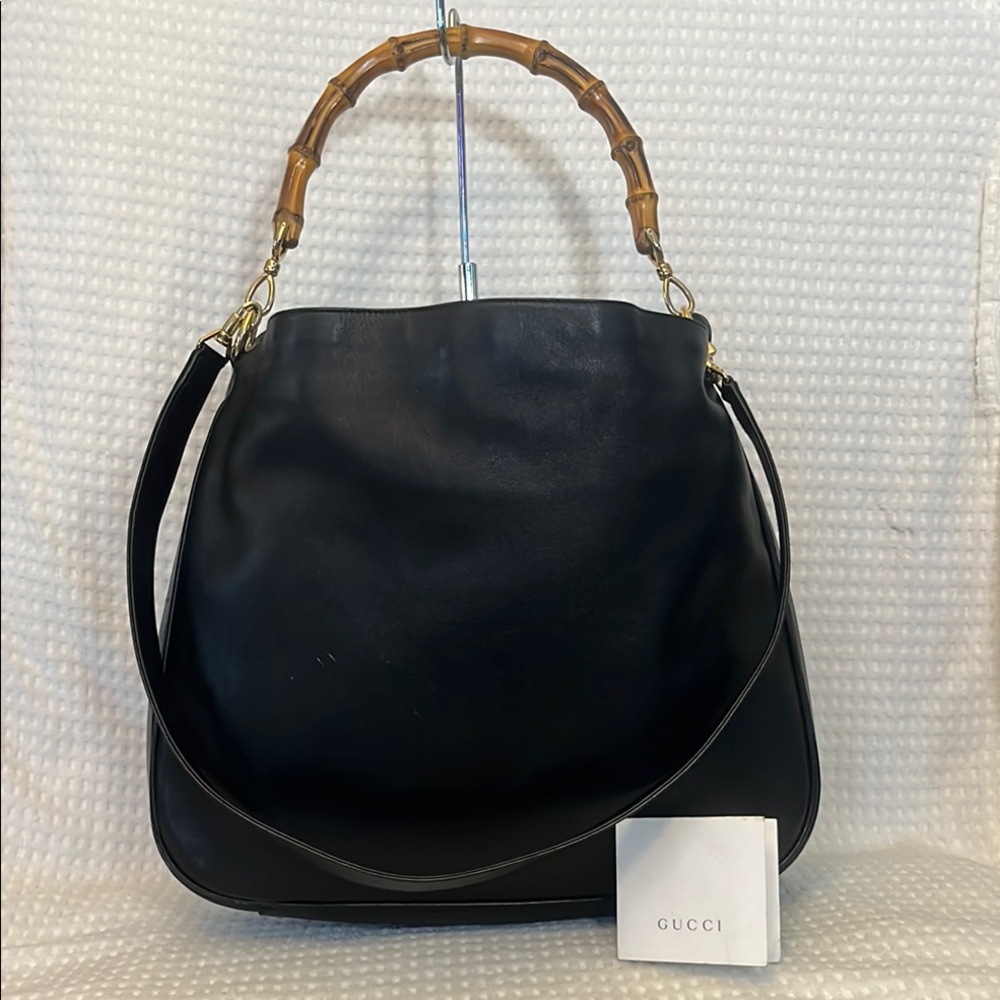 Gucci Black Leather Shoulder Bag with Bamboo Top Handle and Gold Hardware
